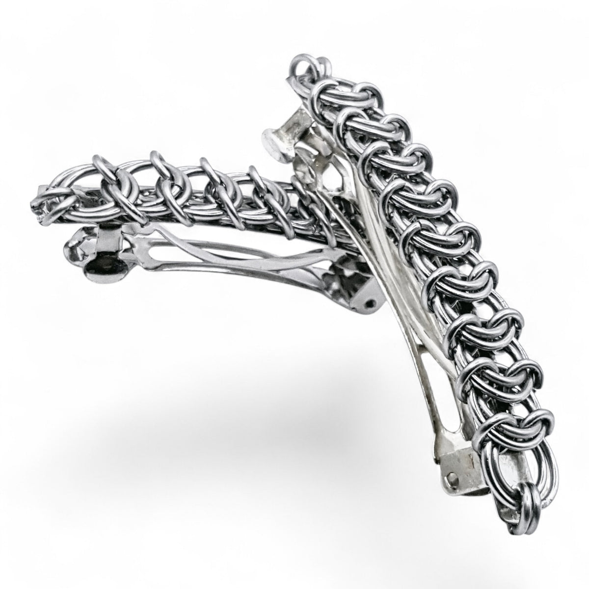 Sanctuary Studio silver-toned chainmaille hair clip with an intricate interlocking metal link design.